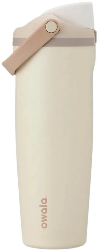 Owala FreeSip thermosfles in licht getoast met een beige handvat en dop.