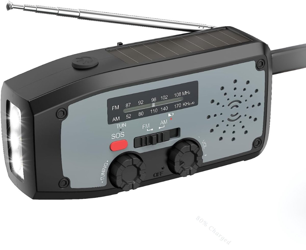 KIRA® Opwindbare Radio - Opwindbare Zaklamp - Zaklamp Opwindbaar -Zwart/Grijs - 13cm x 6cm x 5cm