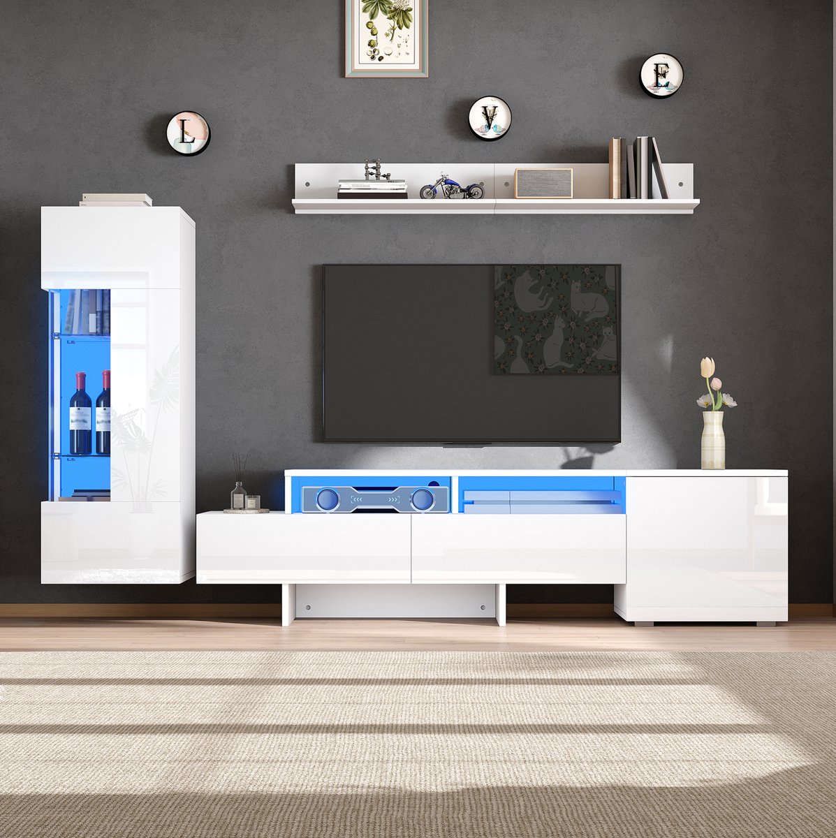 COVREO TV-meubel 170 x 35 x 100 cm wit, hoogglans, LED verlichting, 3-delige set