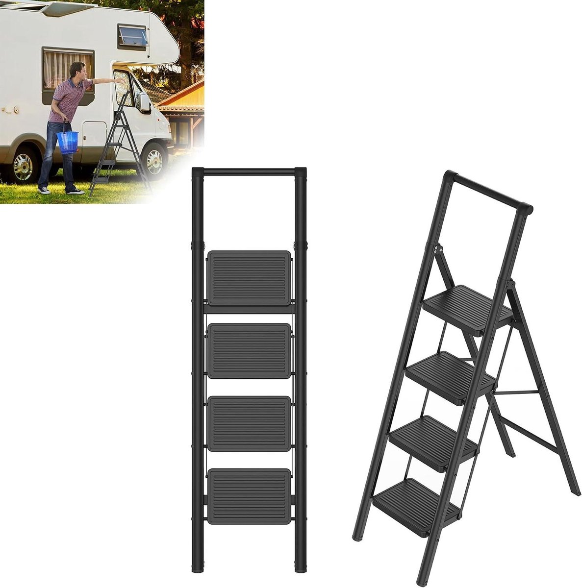 Opvouwbare Trapladder - Vouwtrap Kruk - Huishoudelijk Werk - Extra Brede Treden - 4 Treden - Zwart