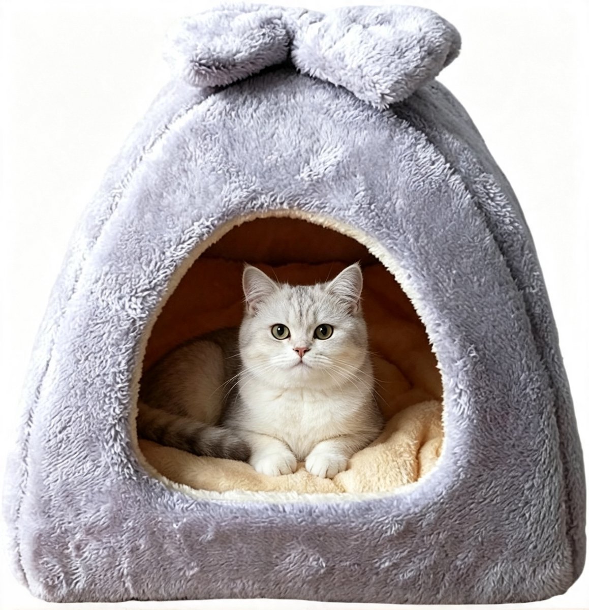 Kattenmand - Zachte Kattenhol - Kattenhuis - Dierenmand - Kattenbed - Kattenmand met Strik – Zachte Kattenhol van Pluche, Opvouwbaar Kattenhuis met Wasbaar Kussen, Knusse Slaapplek voor Katten en Kleine Honden – Grijs - 35 × 35 cm