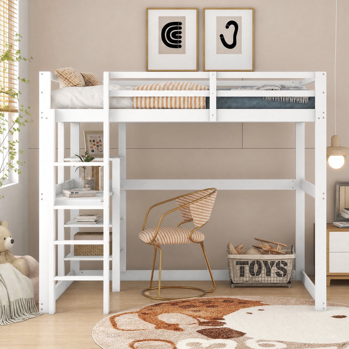 COVREO Hoogslaper 140x200 cm wit, hout en MDF met bureau en opbergruimte