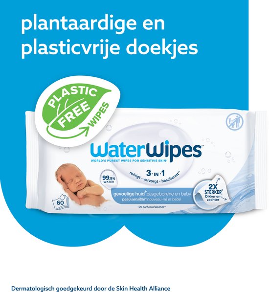 Plantardige en plasticvrije doekjes van WaterWipes met 99% water, 60 stuks.