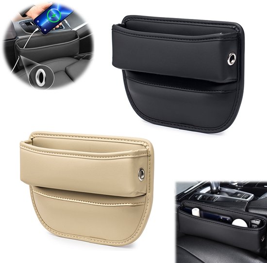 2 Stuks - Auto Stoel Opbergers – Auto opbergvak - Car Seat Gap Filler Organizer – Universele Auto Opbergvakken voor Tussen Stoel en Console – Voorkomt Vallende Spullen – PU Leer - Organizer - Zwart & Beige - 29x20cm