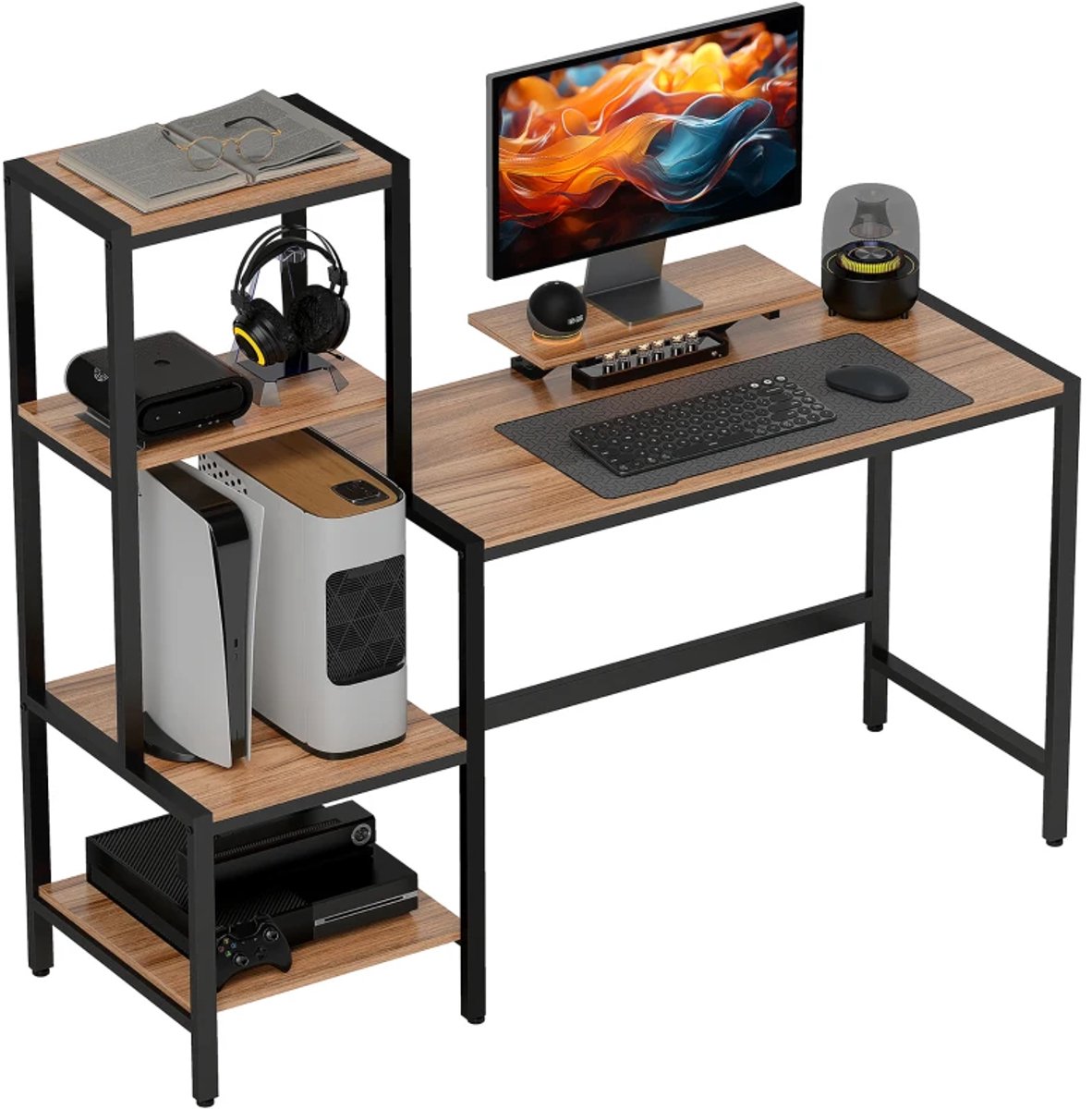 Computerbureau met Monitorstandaard - Bureau met 4-laags Plank - Werktafel - Computer Tafel - Bureautafel - Desk - Game Bureau - 150B x 48T x 125H cm - Bruin