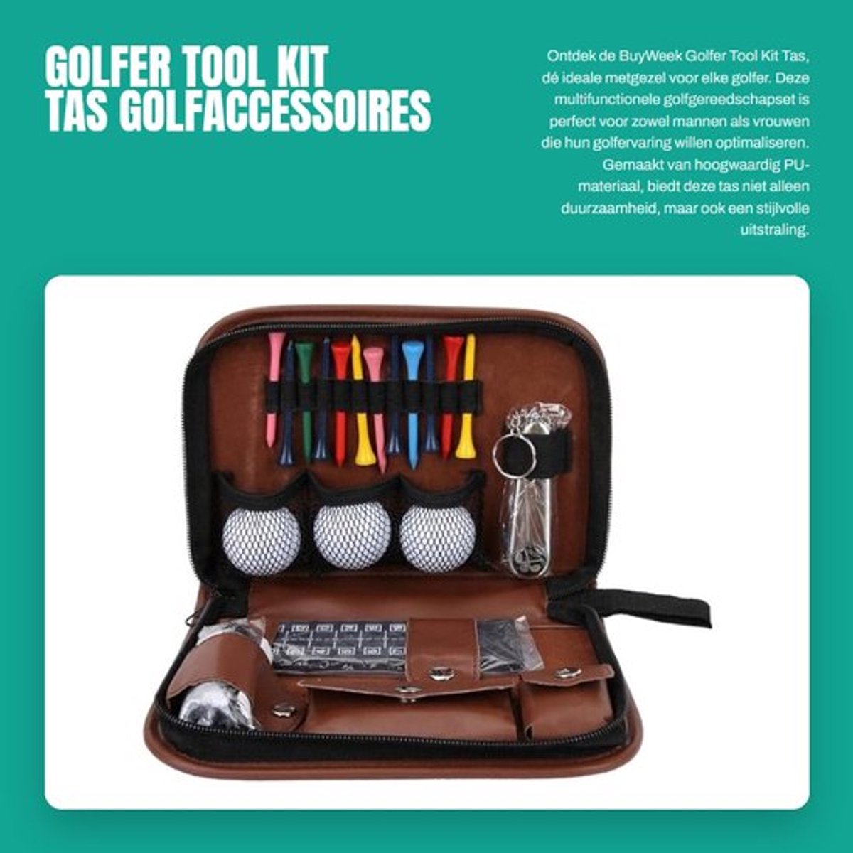 Golfgereedschapset - Multifunctionele Tas - Golfaccessoires - PU Materiaal - Lichtgewicht - Inclusief 3 Golfballen - Afmetingen 23x16x5cm - Golfset