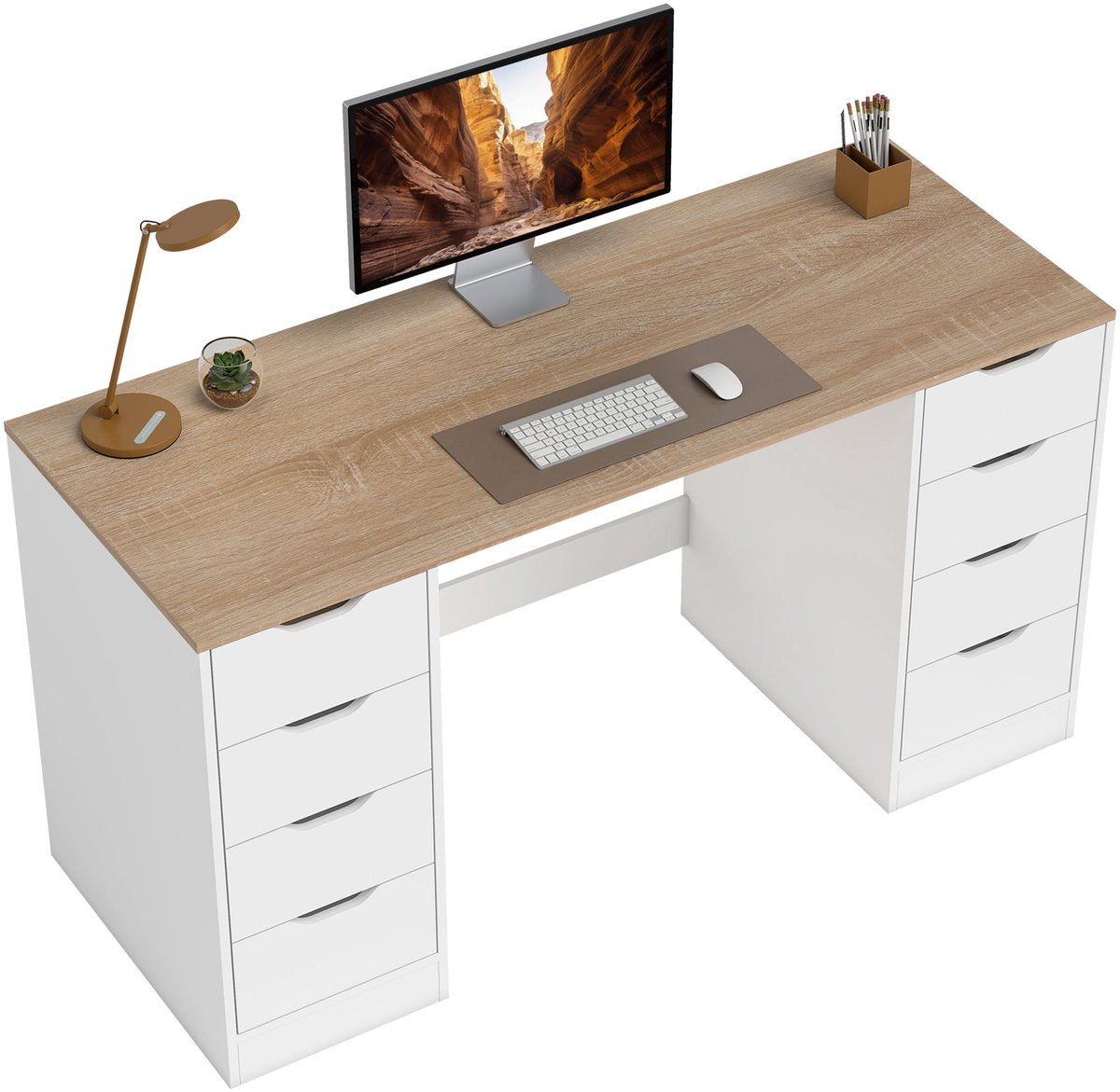 Computerbureau van 140 cm - 8 lades - bureau voor thuiskantoor - slaapkamer - staal - hout - wit