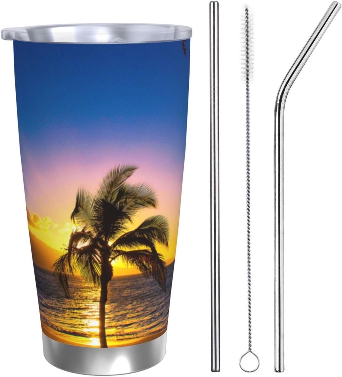 RVS Thermos Mok - Auto Cup Geïsoleerde Beker - Dranken Meenemen - Directe Drinkmond - 500 ml - Hawaii Beach Print
