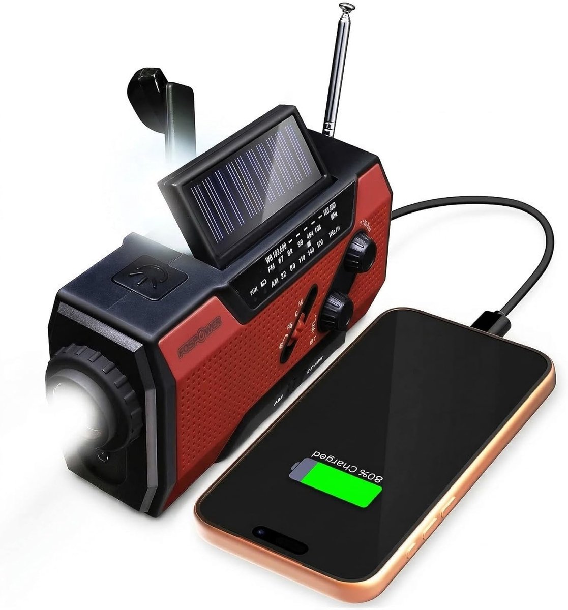 Noodradio met 2000 mAh Powerbank – Solar & Handdynamo – AM/FM – Zaklamp – SOS Alarm – Rood/Zwart