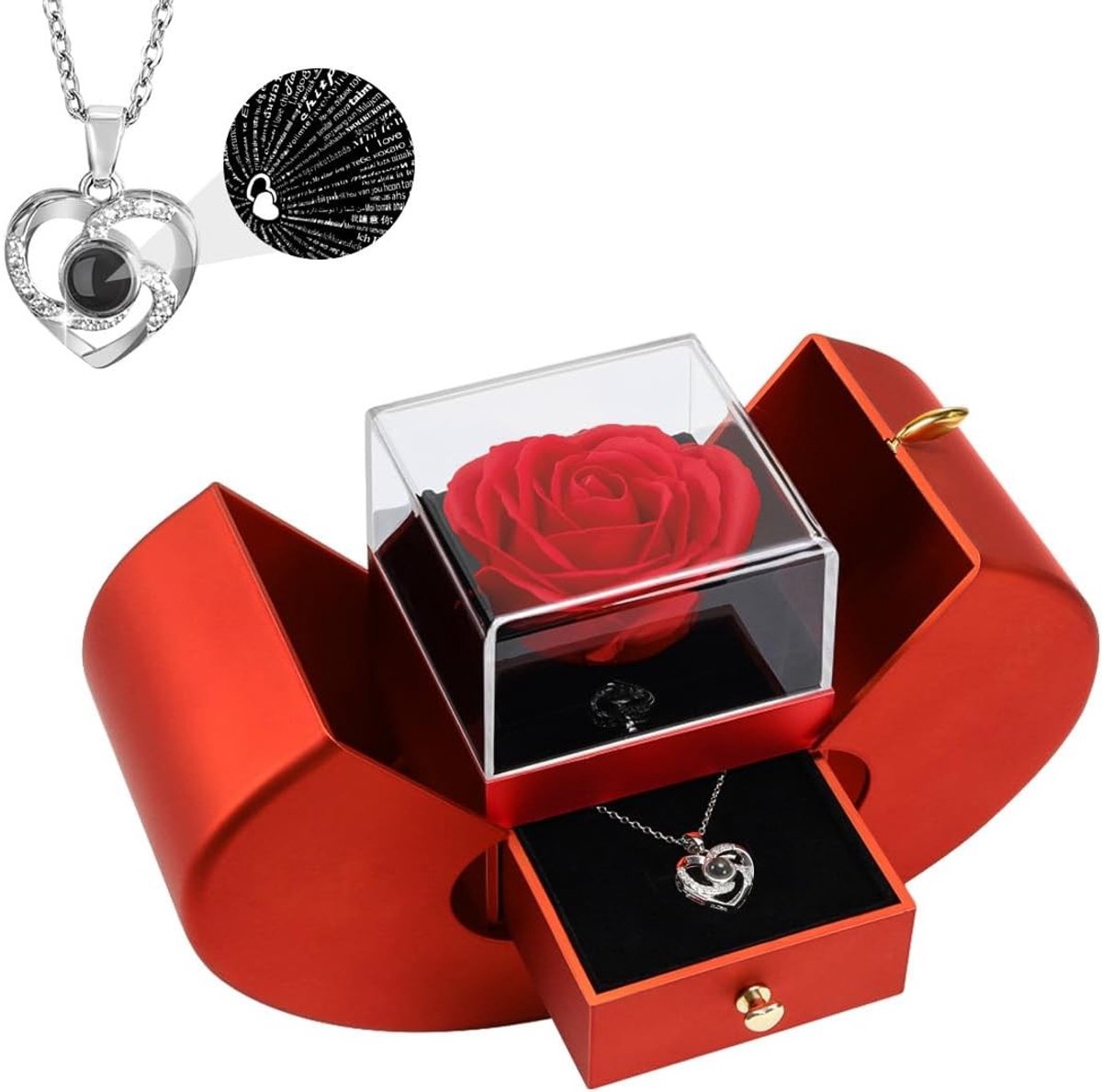 Eternal Red Roos met I Love You Ketting in 100 Talen | Perfecte Cadeaus voor Vrouwen op Valentijnsdag, Moederdag, Verjaardag en Jubileum