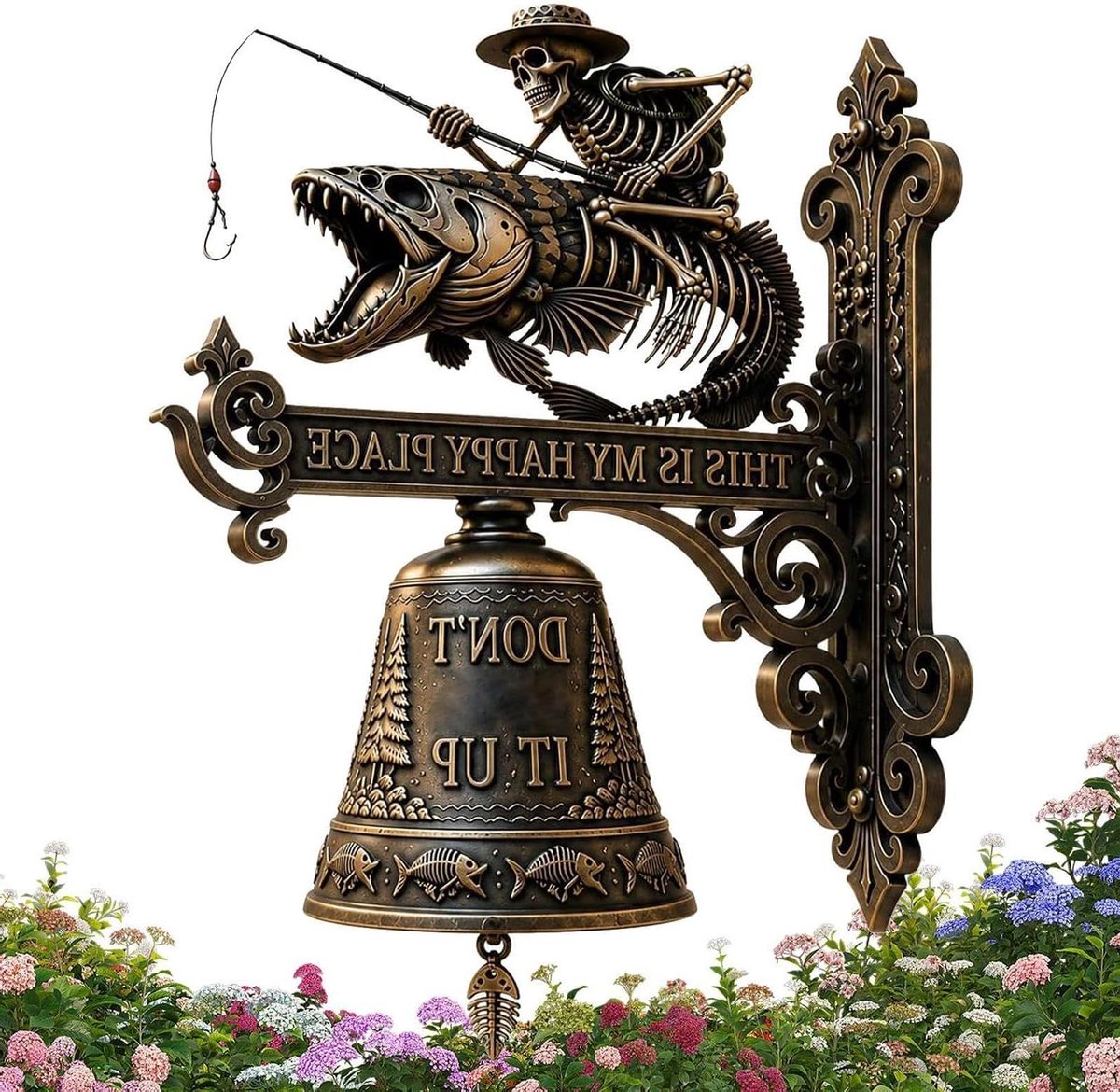 Skelet Rijdend Op Vis - Wanddecoratie Deurbel - Tuin Aankleden - Donker Romantische Esthetiek - Ongeveer 25 cm - Zwart