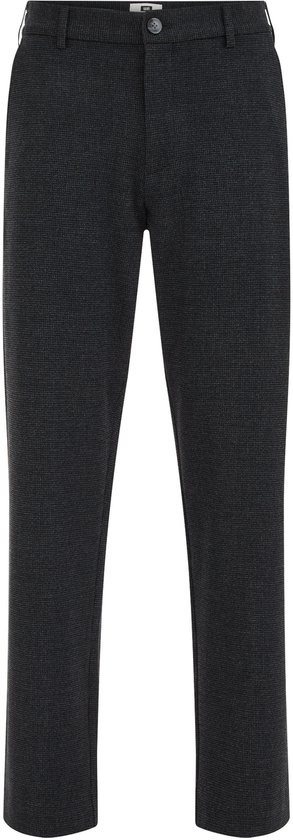 Grijze broek met een all-over print, zittend op een witte achtergrond.