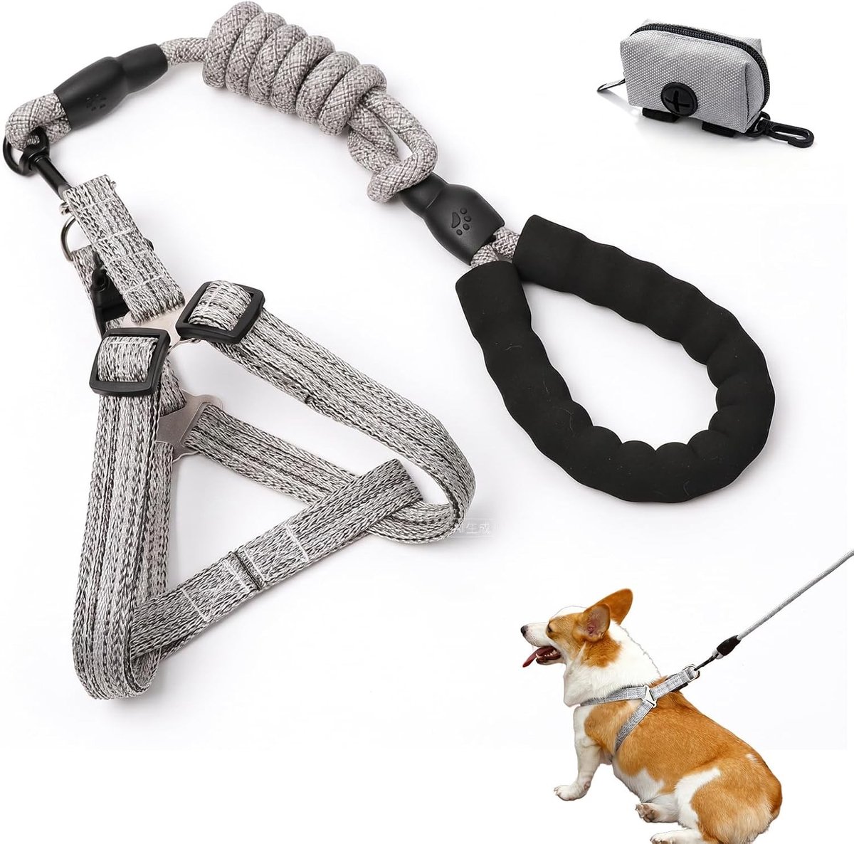 Verstelbare hondenlijn van 2 meter, 2-in-1 schouderriem met tas voor honden van 7,5 tot 15 kg, ideaal voor wandelen en training