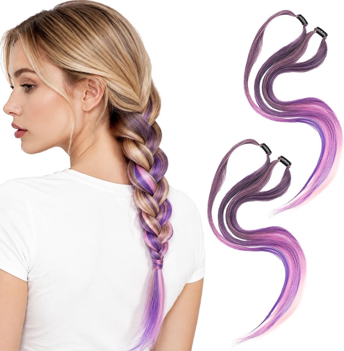 Ombre clip-in haarverlengingen in synthetische strengen, dieppaars naar roze, perfect voor feesten, festivals en dagelijks gebruik