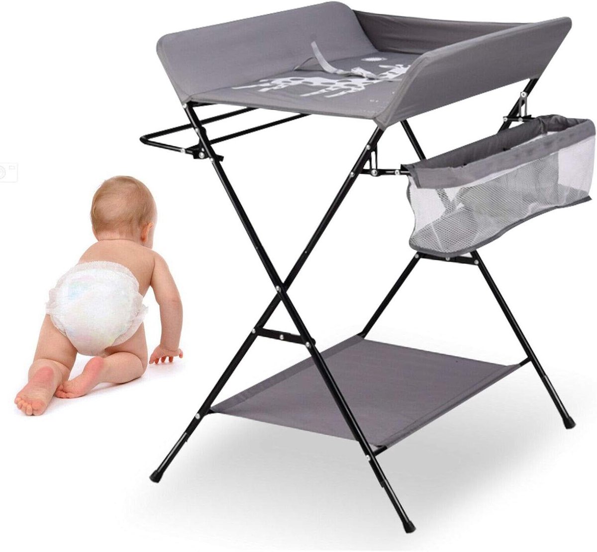Babyverschoontafel - Luiertafel Opvouwbaar - Baby Verzorgen - Met 3 Vakken - Opvouwbaar - Grijs