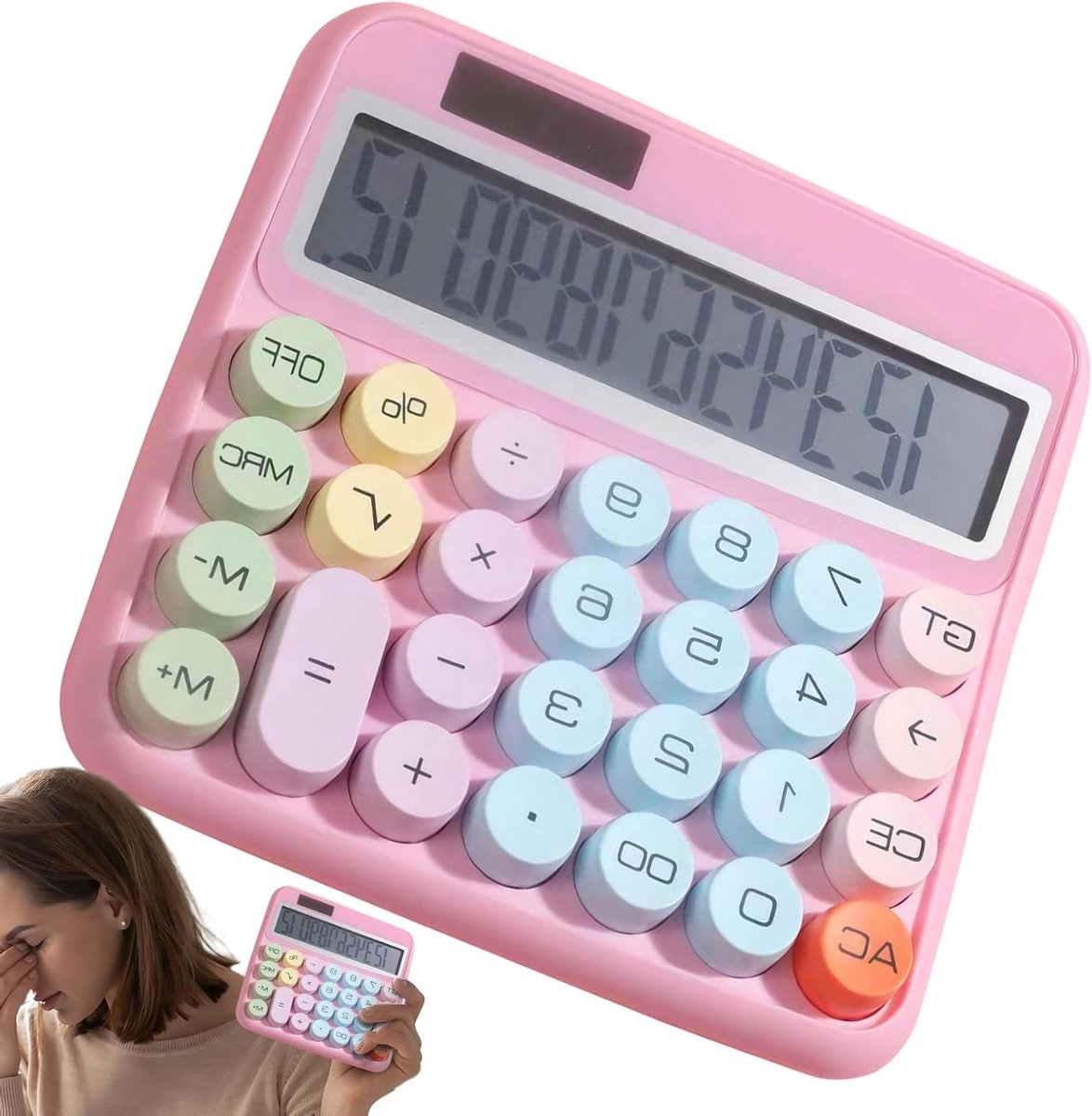 Rekenmachine Desktop - Grote Knoppen Rekenmachine - Dagelijkse Berekeningen - 15-Graden Kantelscherm - 12 Cijfers - Roze