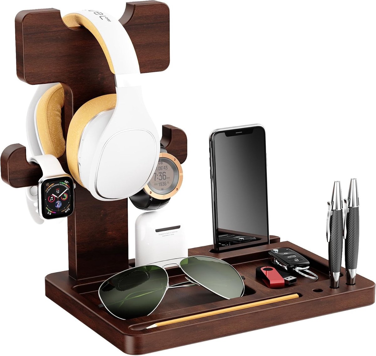 Houten hoofdtelefoonstandaard voor bureau, gaming headset houder met multifunctionele opbergruimte, geschikt voor de meeste hoofdtelefoons en accessoires