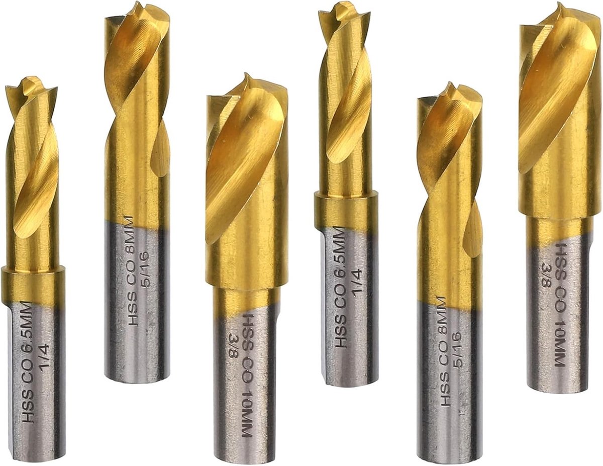 Spot Weld Boor Bit Set - 6 Delig, Titanium Gecoat, HSS - Voor het Verwijderen van Spotwelds - Boor 6,5mm, 8mm, 10mm