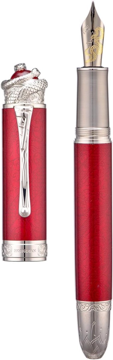 Piston Vulpen met Extra Fijne Nib, Stereoscopisch Gegraveerd Ontwerp en Metalen Etui (Wijnrood) - Perfect voor Schrijven en Cadeaus