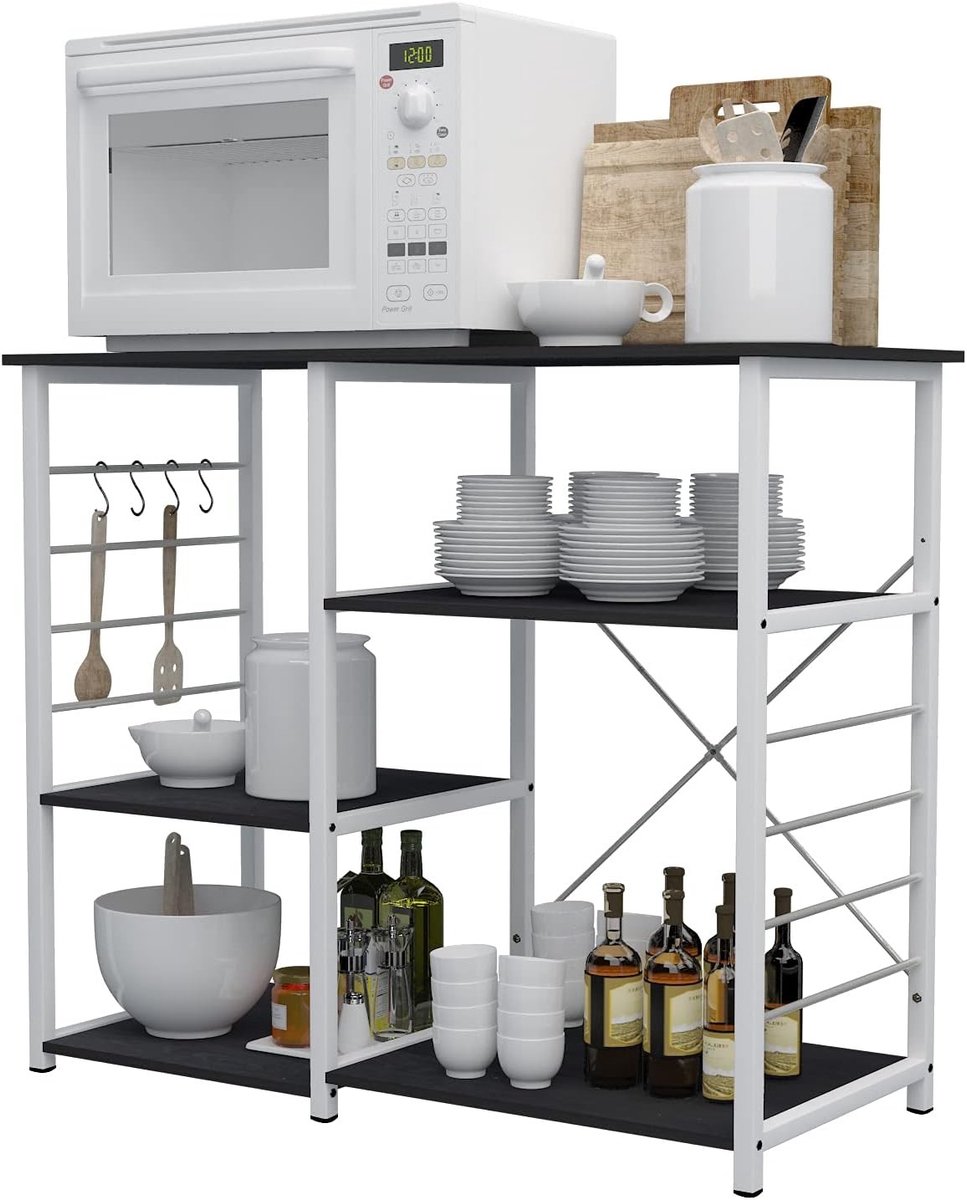 Keukenrek van staal en hout met 3 + 3 planken, ruimtebesparende keukentrolley voor magnetron, 90 x 40 x 83 cm, zwart, multifunctioneel en stijlvol