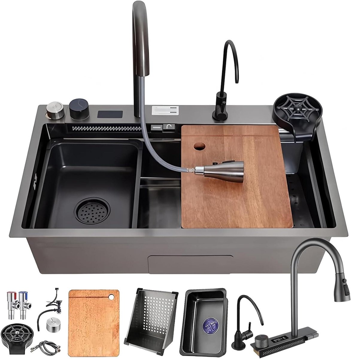 Waterval Spoelbak - Keuken Gootsteen - Keuken Werkstation - Uittrekbare Kraan - 75x45cm - Zwart
