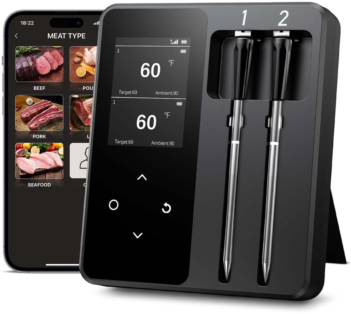 Draadloze vleesthermometer - Zwart - 2 Sondes - LCD Scherm en USB-C Opladen - Voor Barbecue, Oven en Grill