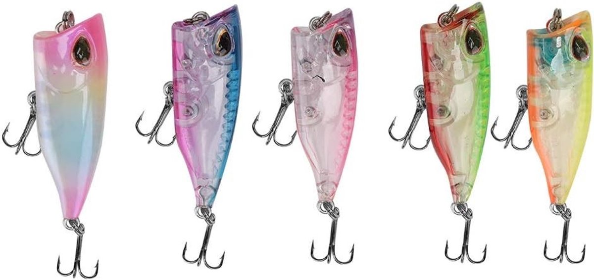 5 stuks plastic mini popper kunstaas, 4 cm zwevend visaas met rammelende stalen ballen, ideaal voor zoet- en zoutwatervissen met scherpe haken en aantrekkelijke kleuren