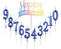10 Stuks Verjaardagskaarsen - Nummer Taart Kaarsen - Verjaardag Cijferkaarsen - Happy Birthday Kaars Cijfer - Birthday Candles Nummer 0-9 met Happy Birthday Topper - Blauw