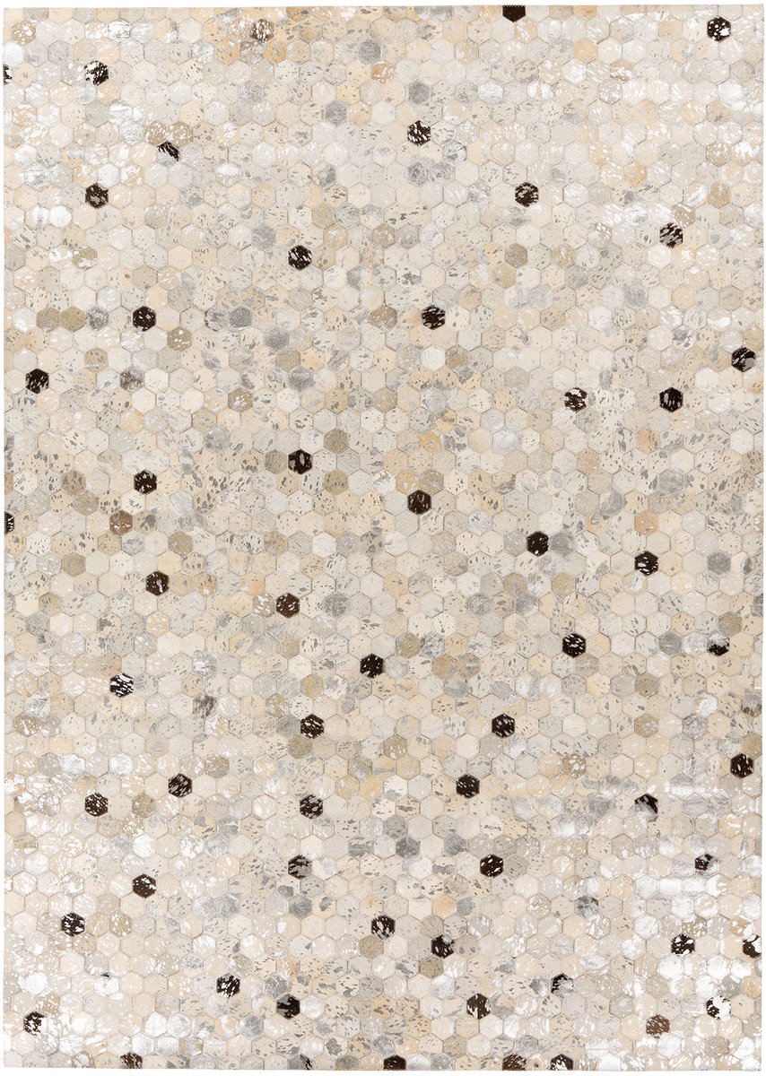 Padiro leren vloerkleed 80 x 150 cm - zilver / grijs - van hexagonale leren patches - met patchworkdesign - geschikt voor vloerverwarming - handgenaaid - van leer