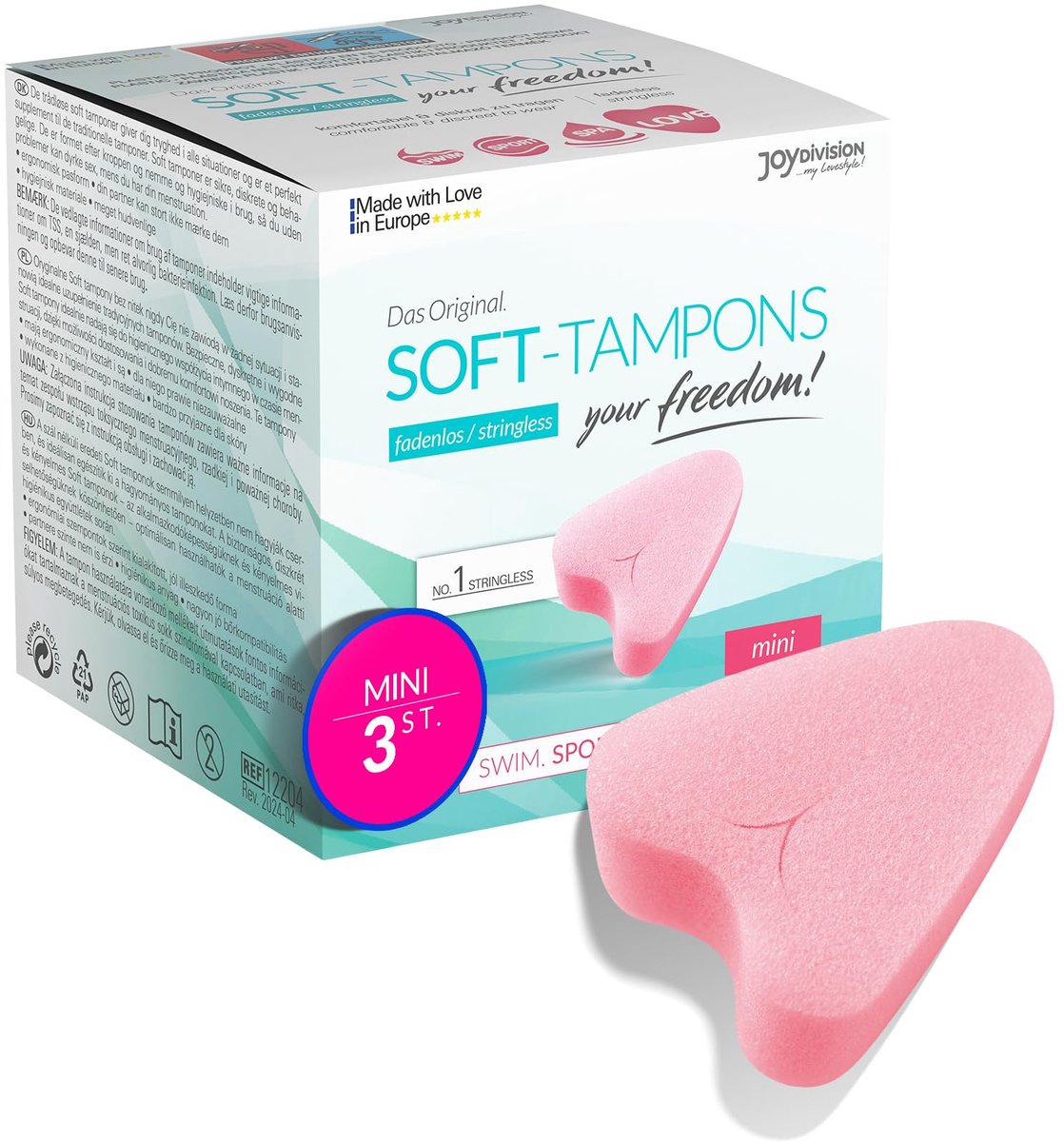 Joydivision Mini-zachte tampons, 3 stuks, draadloze tampons voor sport, zwemmen en plezier, menstruatiespons, ultra zacht, gemakkelijk inbrengen en verwijderen, mini-softtampon zonder draad