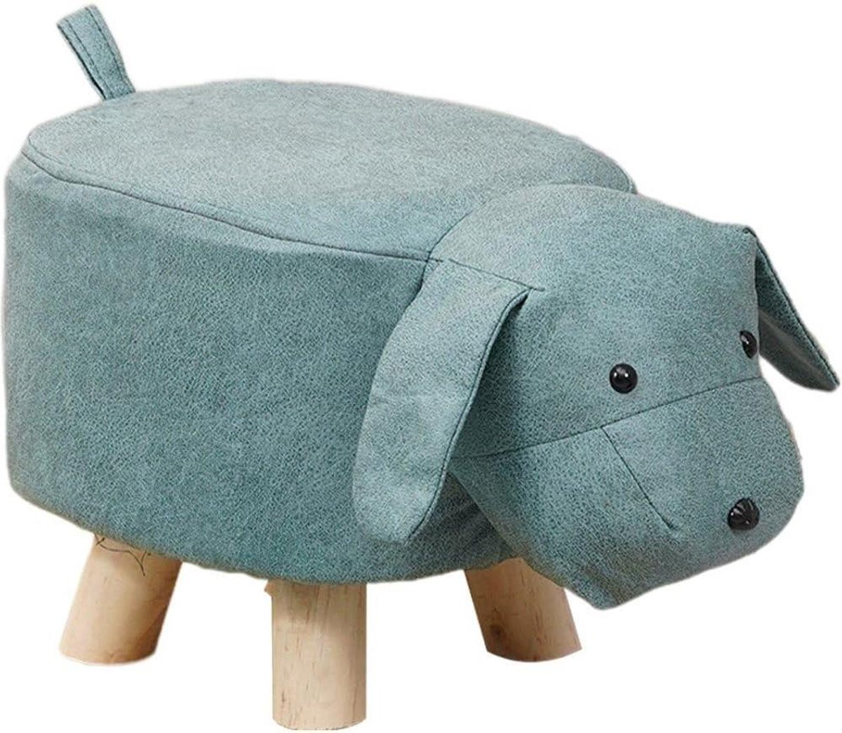 Dieren Kruk - Voetenbank Poef - Kinderkamer Decoratie - Massief Houten Frame - 30x25x27cm - Blauw