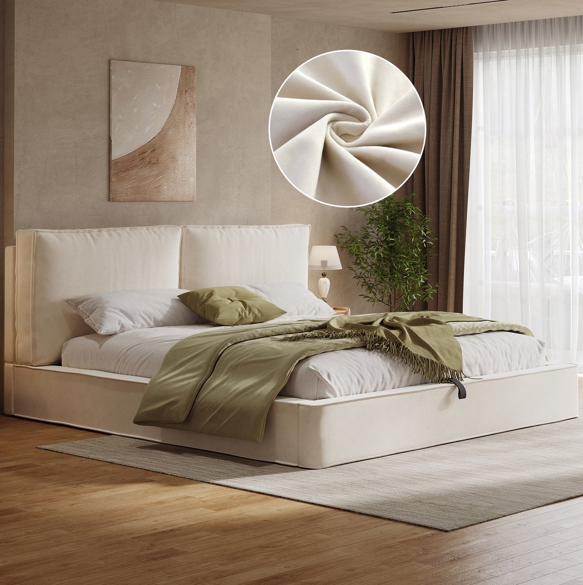 Wishdor Gestoffeerd bed - dubbel bed 180 x 200 cm - hydraulisch opklapbed met lattenbodem - hoofdbord - stof - beige - 231 x 196 x 105 cm