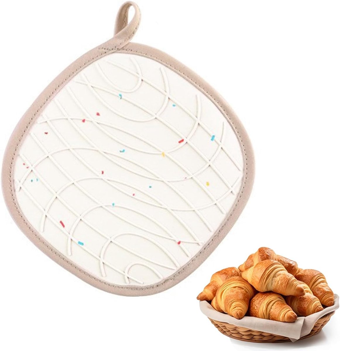 1 Stks 2-in-1 ovenhandschoenen met zakken/hittebestendige ovenwanten/antislip katoenen ovenhandschoenen/keukenhandschoenen voor koken en bakken (20 x 20 cm, beige)