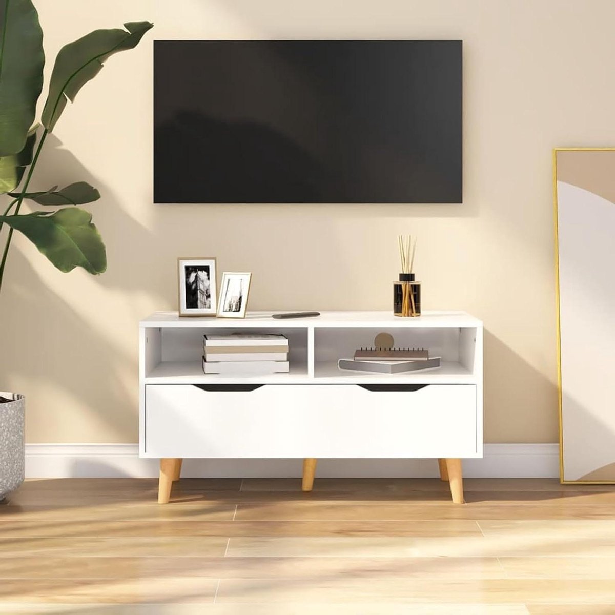 Tv-kast Hoogglans - Mediabed - Opbergen Media - Met Lades - 90 cm Breed - Wit