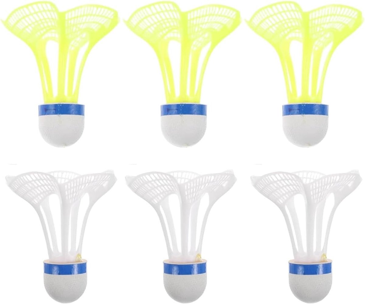 Winddichte badmintonballen - 6 stuks, geel en wit, nylon, duurzaam voor training en recreatie, ideaal voor binnen en buiten gebruik, park en strand