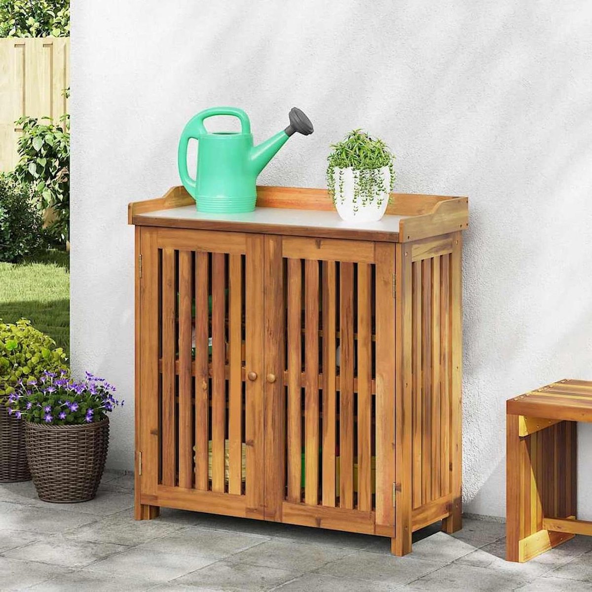 Tuinkast met deur - Buitenopberger Tuinmeubel - Tuin Terras Balkon - Massief Acaciahout - 93 x 415 x 98 cm