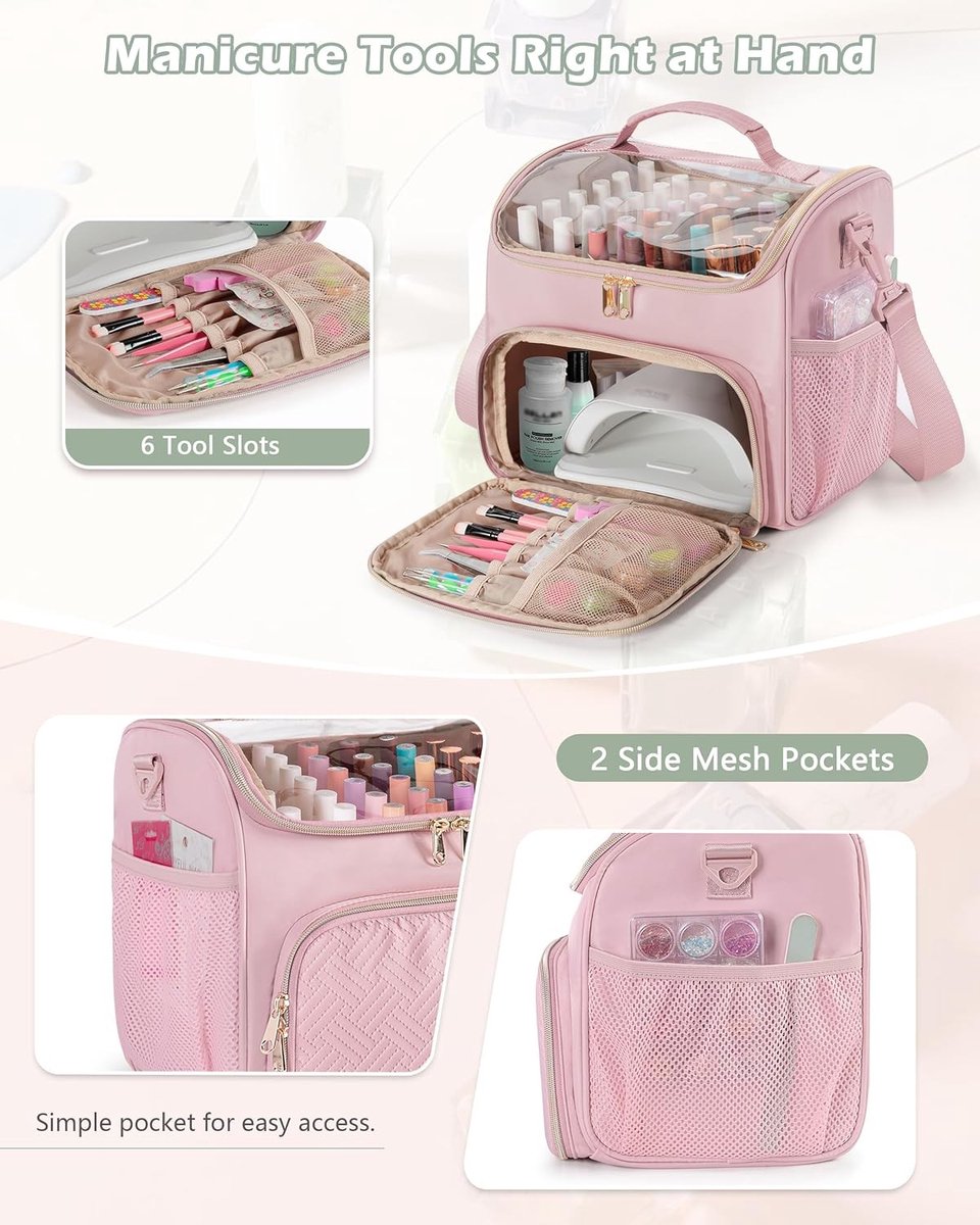 Organizer voor Nagellak - Dubbele Laag, Houdt 42 Flesjes (15ml), Ideaal voor Nagelbenodigdheden, Reiskoffer voor Manicure Tools, Roze Beauty Case