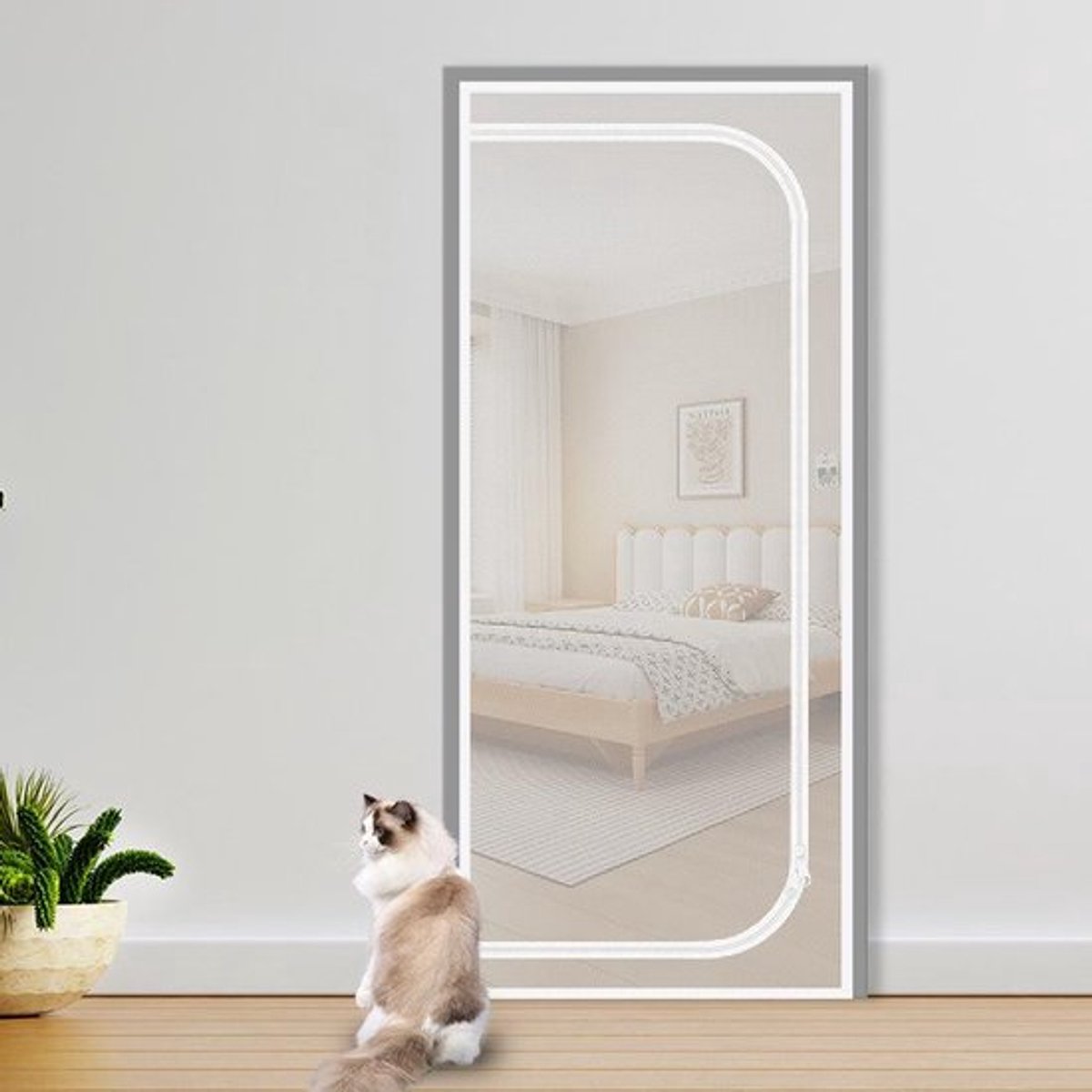 Katten Hordeur, extra hoog anti-kattennet, anti-diefstal deur, anti-muggen, anti-katten krabnet, met ritssluiting, geschikt voor woonkamer, keuken, slaapkamer, wit，100x210cm