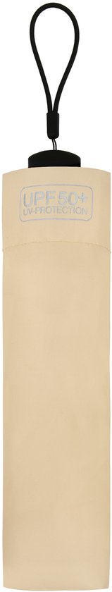 Opgevouwen beige paraplu met een zwarte dop, een lusje en een opdruk van 'UPF 50+ UV Protection'.