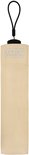 Opgevouwen beige paraplu met een zwarte dop, een lusje en een opdruk van 'UPF 50+ UV Protection'.