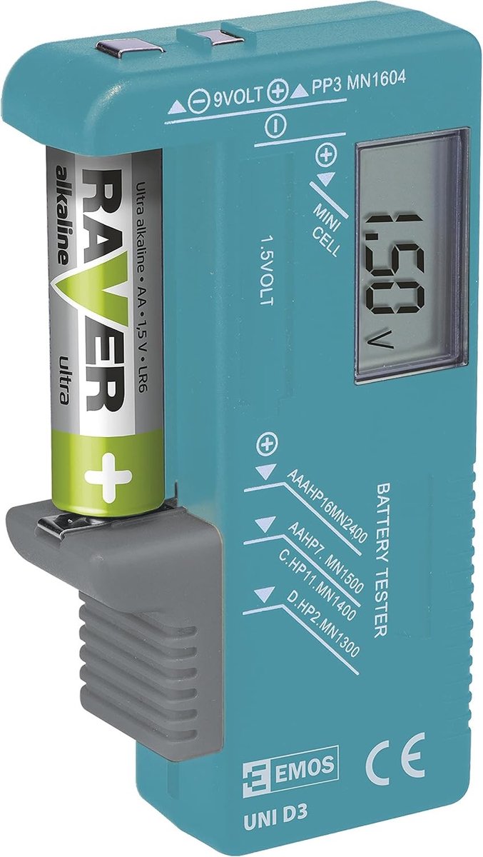 Batterijtester - Zwart - 110 x 60 x 25 mm - Digitaal met LCD-display - Voor AA, AAA, C, D, 9V en knoopcelbatterijen