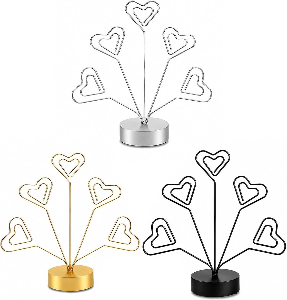 Fotohouder - Zilver - 22 cm - Metalen en Houten Standaard met 5 Klemmen - Voor Foto's en Kaarten
