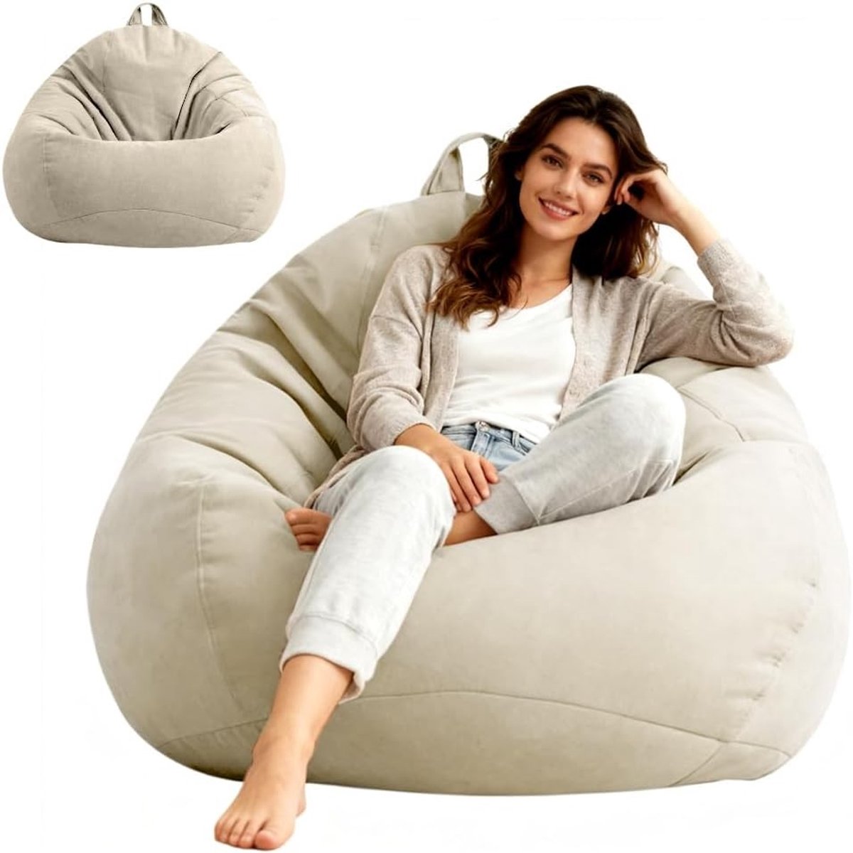 Beanbag large - Beige - 100 x 120 cm - Linnen Katoen Overtrek zonder Vulling - Zitzak voor Volwassenen en Kinderen