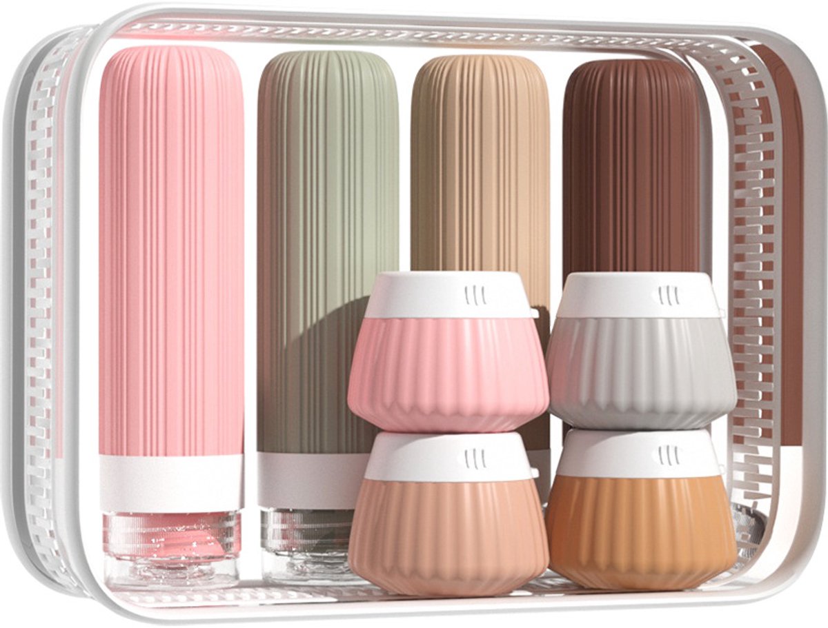 8-delige Siliconen Reisset voor Handbagage - Lekvrije Reisflesjes met Opbergtas - Herbruikbare Cosmetica Potjes van 90ml & 40ml - BPA-vrije Navulbare Reisflesjes voor Shampoo & Toiletartikelen - Zomer Travel Kit - Multi-Color2