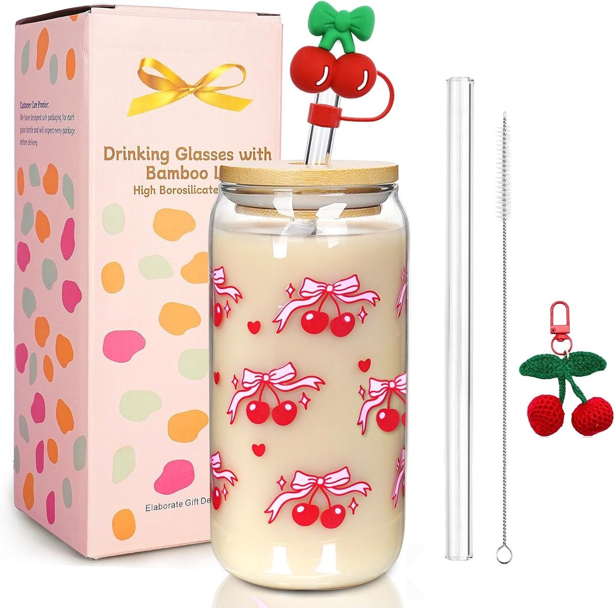 Ijskoffie glazen - Kersen - 18 oz - Glas met Bamboe Deksel en Rietje - Voor Dames en Vrienden