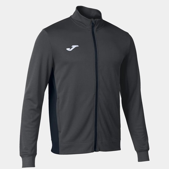 Donkergrijs Joma trainingsjack met ritssluiting, opstaande kraag en wit logo op de borst.