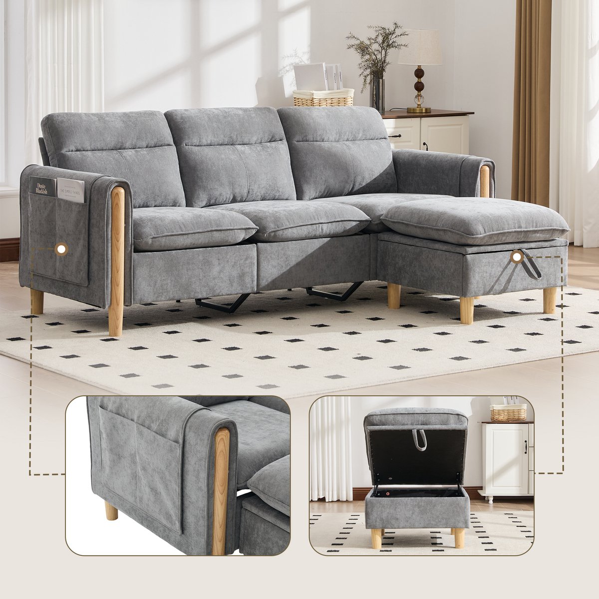 Woonkamer Hoekbank, L-Bank, 3-Zits bank, Driezitsbank In Scandinavische Stijl Met Opbergpoef, L-Vormige Stoffen Bank Met Zijvakken En Houten Tafelpoten, Ideaal Voor Woonkamers En Kleine Ruimtes-Lichtgrijs