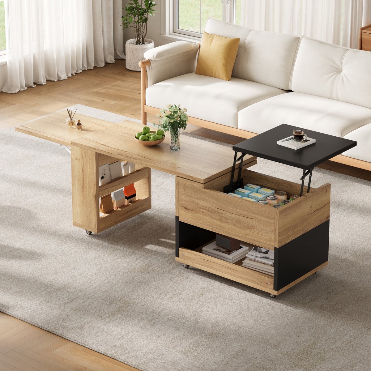 PHOEBE CAT Uitschuifbare Salontafel - 360° draaibare - In hoogte verstelbaar - Met wieltjes - Zwart + Naturel houtkleur