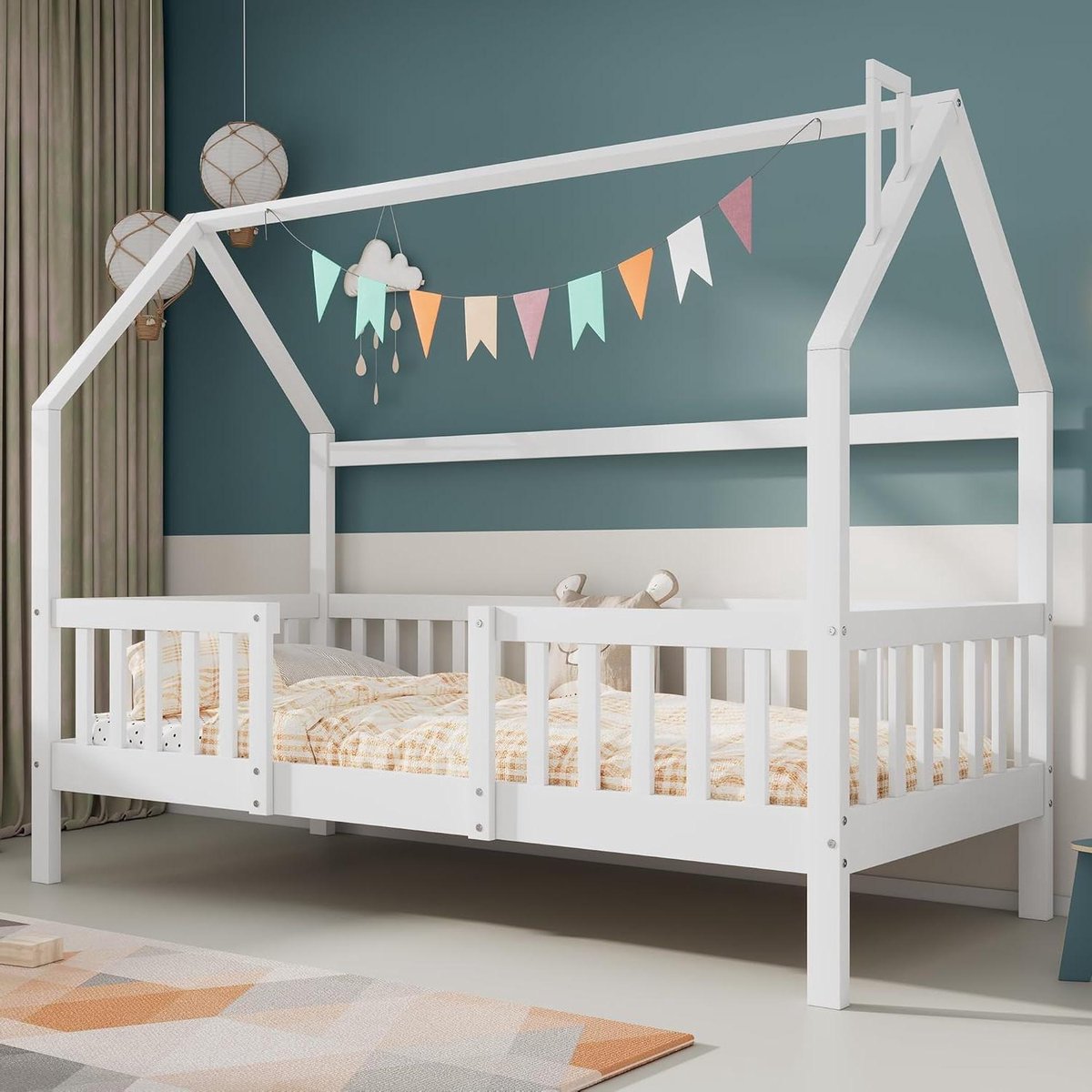 Huisbed met Huisdeken - Kinderbed Huisvorm - Slaapkamer Inrichten - Decoratieve Open Haard - 90x200 cm - Wit