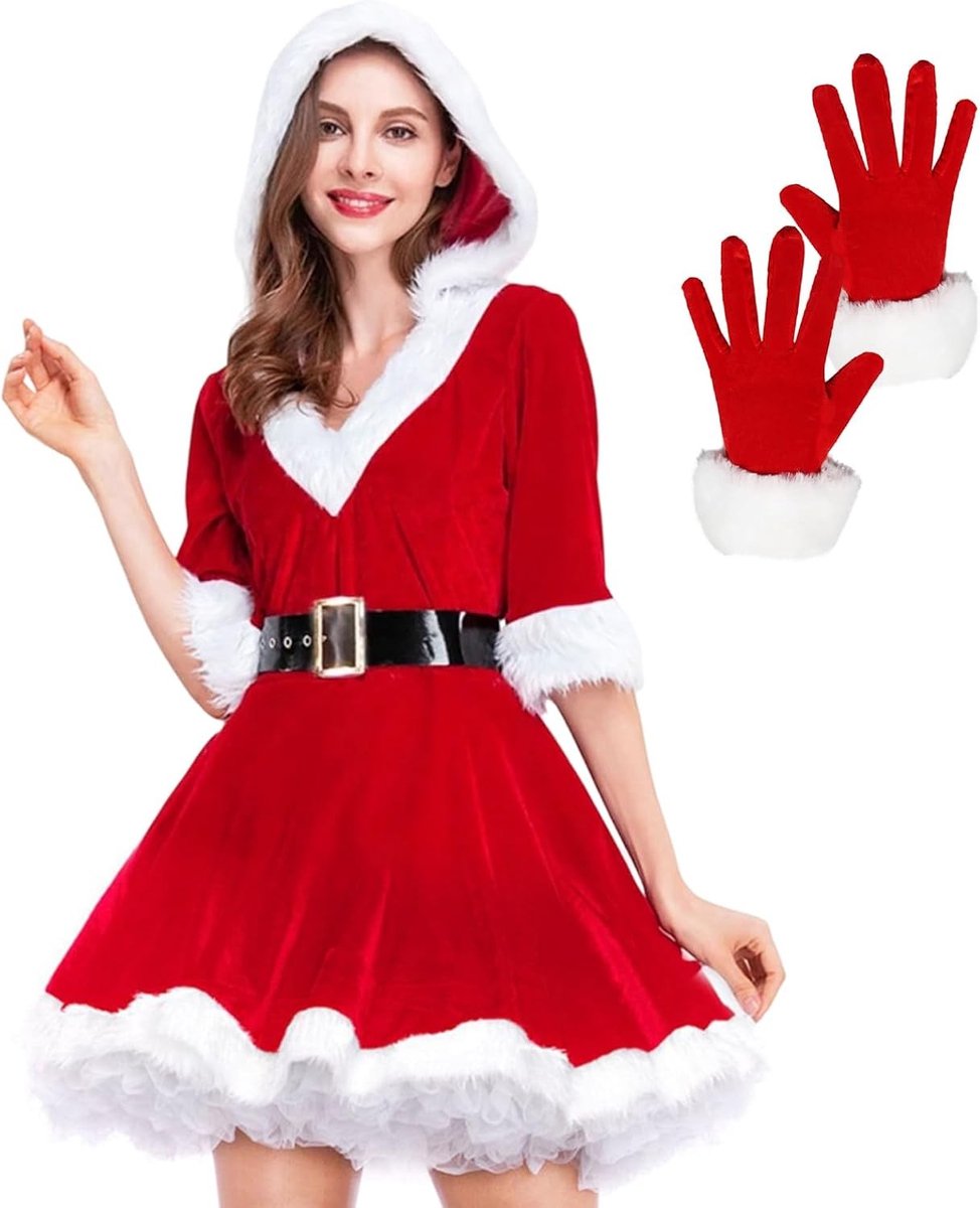 Kerstkostuum voor dames met capuchon, rood fluwelen kerstoutfit voor feestdagen, cosplay en carnaval